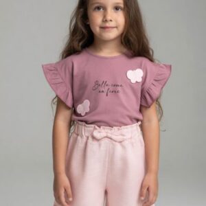 Set fete 2-5 ani tricou și pantaloni scurți bumbac cu imprimeu și broderie fluture