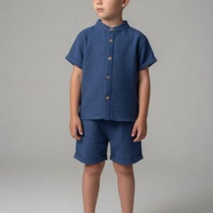 Set copii 2-5 ani cămașă și pantaloni scurți din muselină bumbac, albastru,crem, bleu