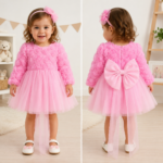 Rochiță pentru Fetițe Ilara Roz – Rochie Elegantă cu Mânecă 3 Sferturi și Fundă Decorativă