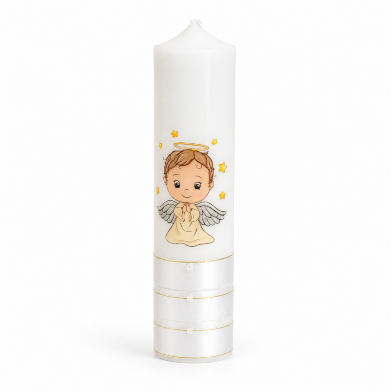 Trusou Botez Îngeraș Crem – Set Complet pentru Fetițe și Băieței cu Cutie Rotundă și Lumânare Decorată