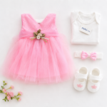 Set elegant pentru fetițe – rochiță roz cu tulle, body, pantofiori și bentiță - imagine 2