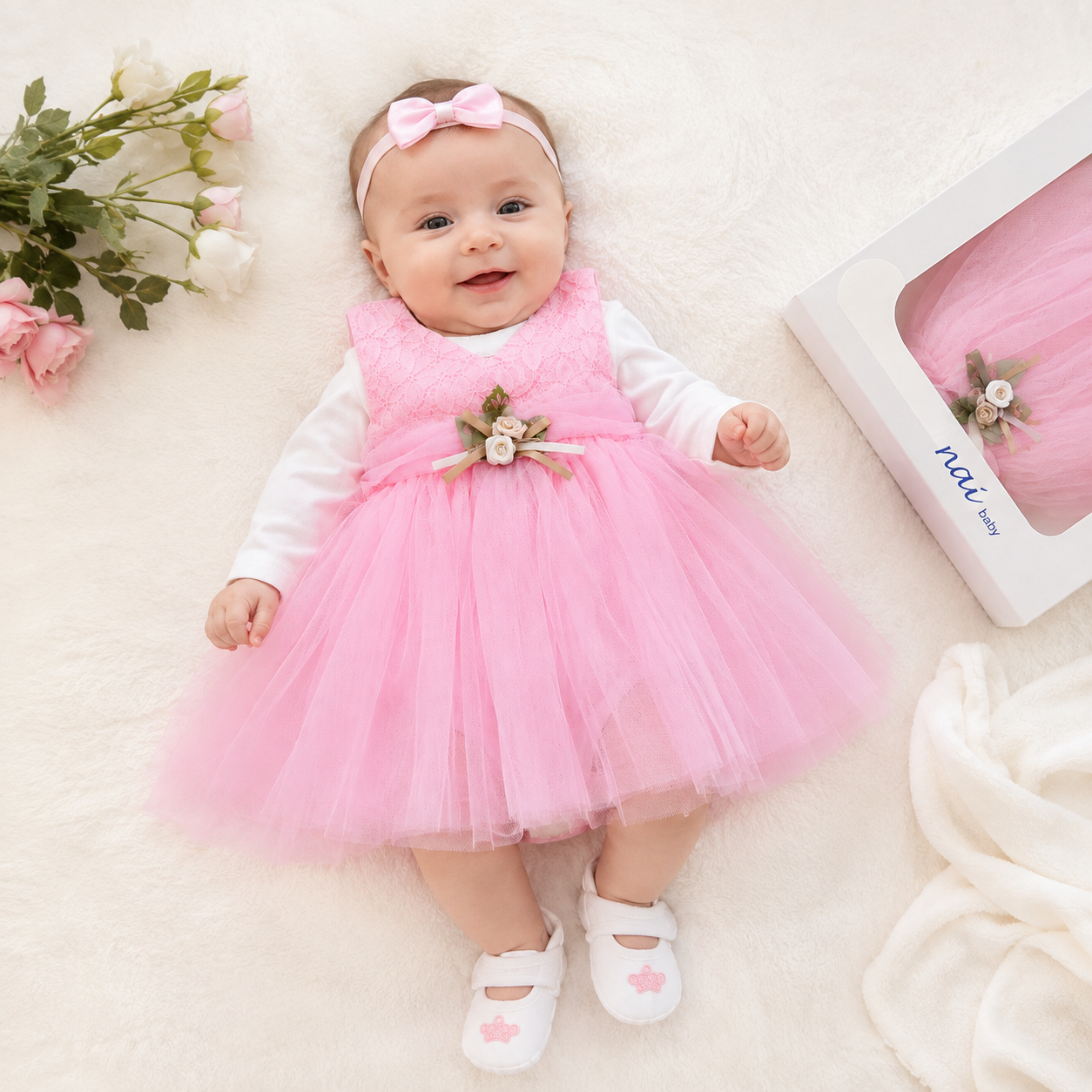 F5BDAF0A-913C-4C60-A309-59D4A89A1F58 Set elegant pentru fetițe – rochiță roz cu tulle, body, pantofiori și bentiță - imagine 1