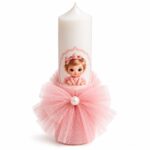 Trusou de botez pentru fetiță cu cutie în formă de inimă și lumânare