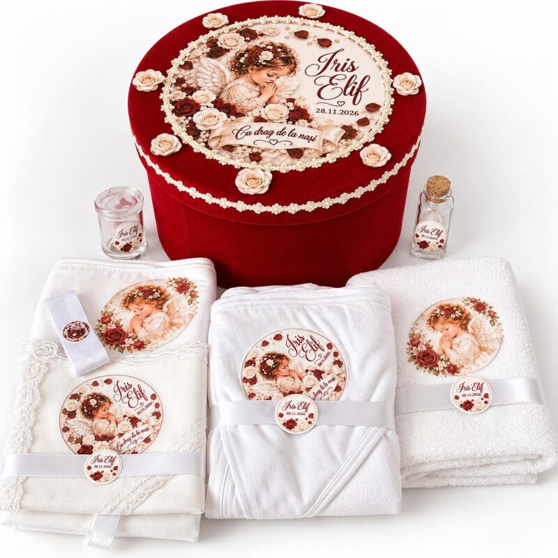 Trusou de botez personalizat cu cutie roșie din catifea