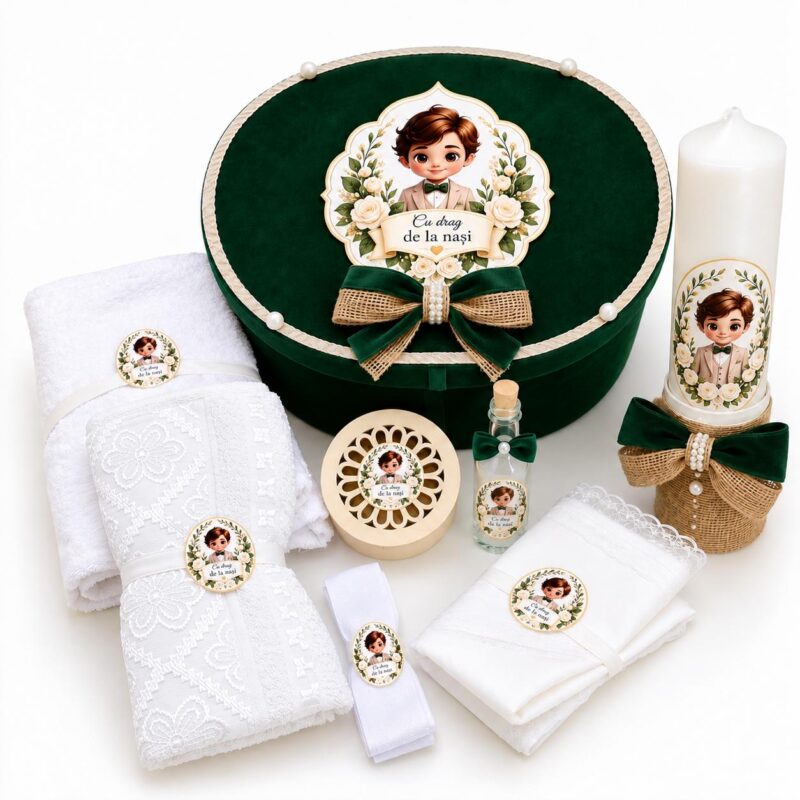 Trusou de botez personalizat cu cutie neagră din catifea și lumânare de 30 cm